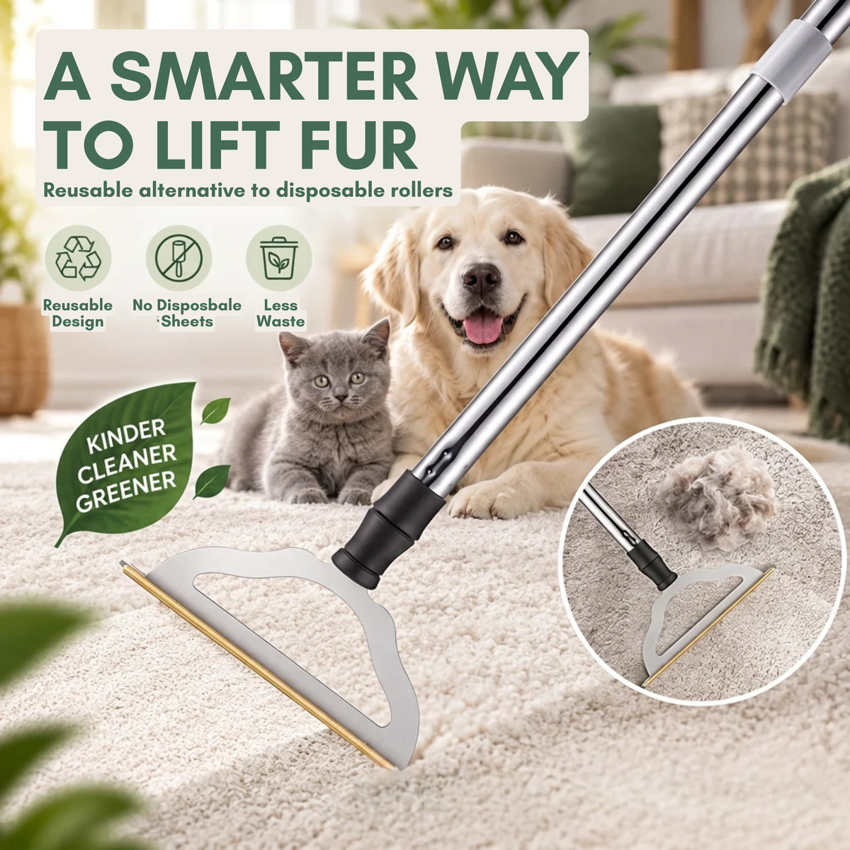 Furrington FurLift: Long-Handle Pet Hair Removal Carpet Rake