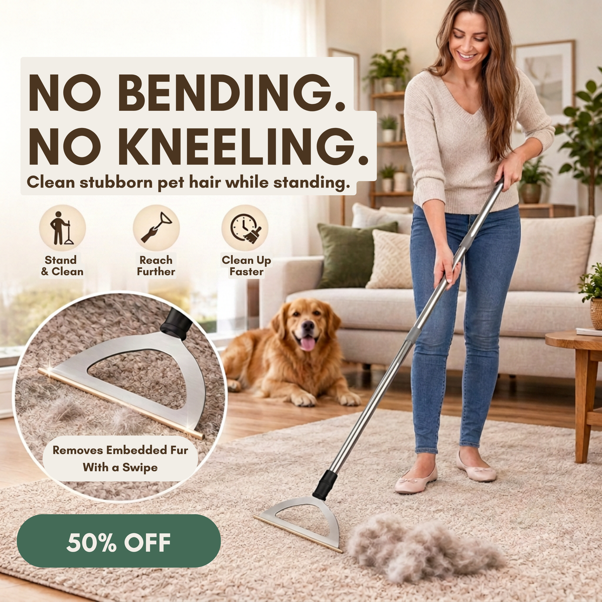 Furrington FurLift: Long-Handle Pet Hair Removal Carpet Rake