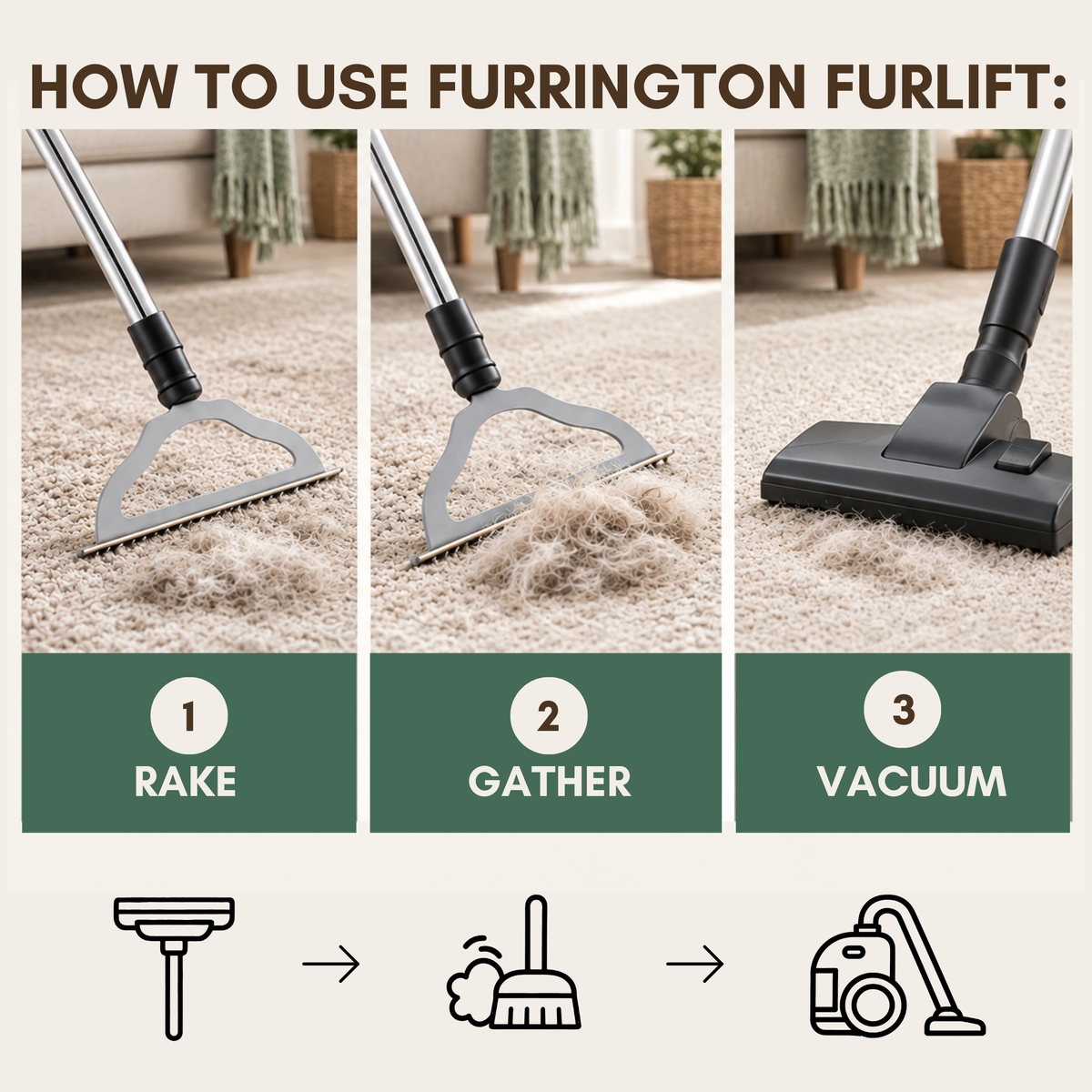 Furrington FurLift: Long-Handle Pet Hair Removal Carpet Rake