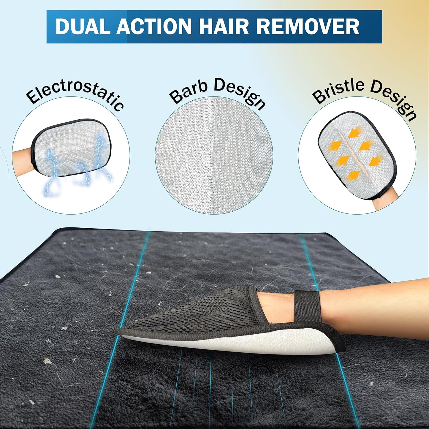 Pet Hair Removal Glove & Mitt for Couch, Furniture & Car Seat, Electrostatic 5-Finger Pet Hair Remover Tool for Dogs & Cats, Reusable Lint & Fur Remover for Carpet, Sofa & Clothing (1 Pack)