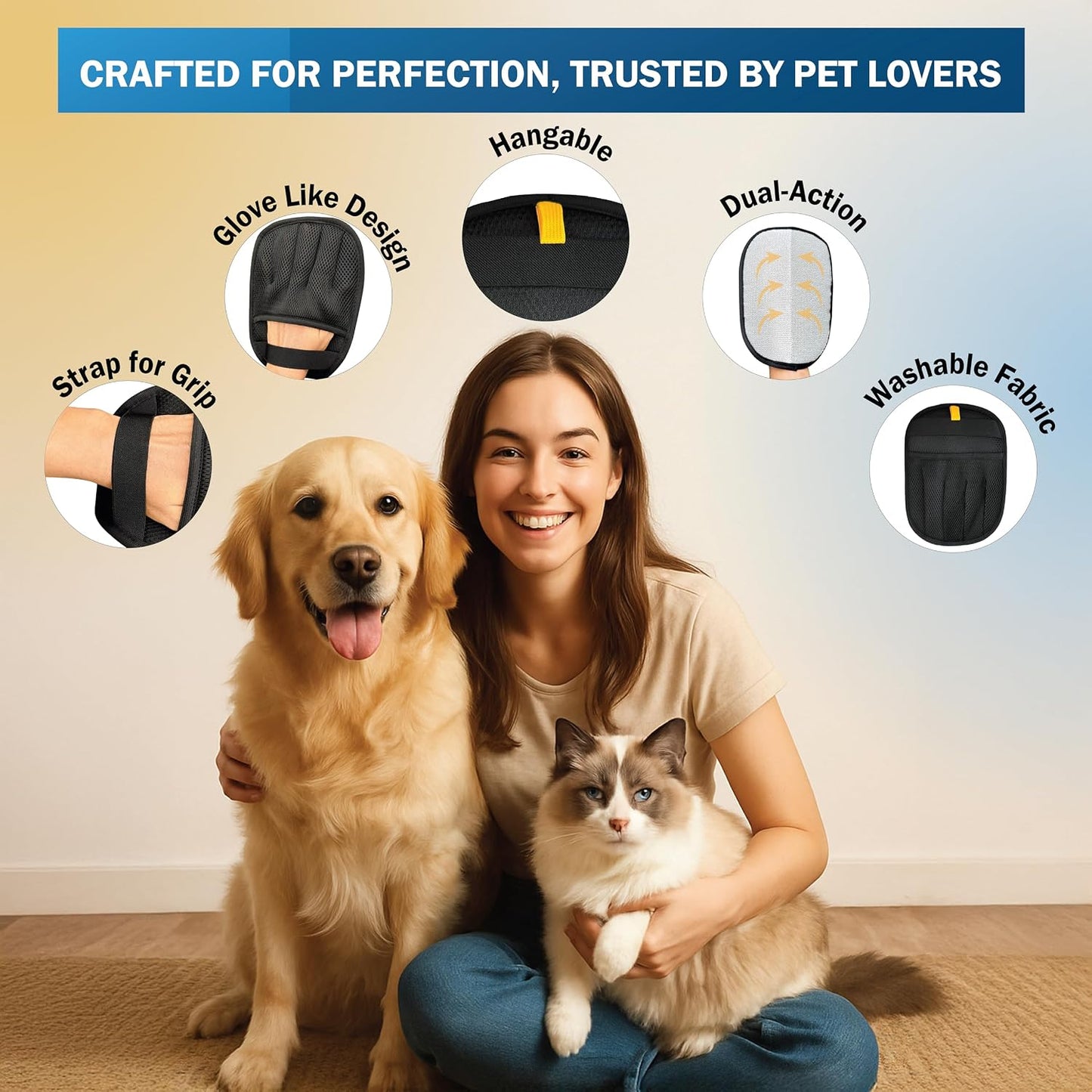 Pet Hair Removal Glove & Mitt for Couch, Furniture & Car Seat, Electrostatic 5-Finger Pet Hair Remover Tool for Dogs & Cats, Reusable Lint & Fur Remover for Carpet, Sofa & Clothing (1 Pack)